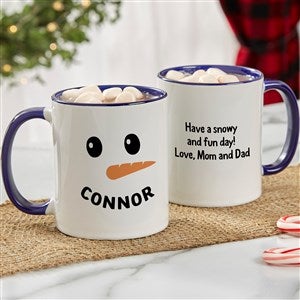 Smiling Snowman Personalized Christmas Coffee Mugs - Blue