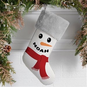 Smiling Snowman Personalized Christmas Stockings - Grey Faux Fur