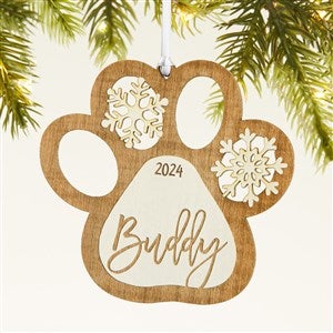 Snowflake Pet Paw Personalized Wood Ornament - White