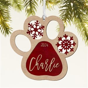 Snowflake Pet Paw Personalized Wood Ornament - Red