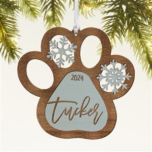 Snowflake Pet Paw Personalized Wood Ornament - Blue