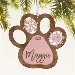 Snowflake Pet Paw Personalized Wood Ornament - Pink