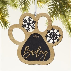 Snowflake Pet Paw Personalized Wood Ornament - Black