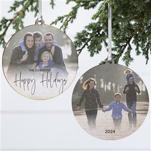 Script Family Photo Personalized Wood Christmas Ornament - 2-Sided
