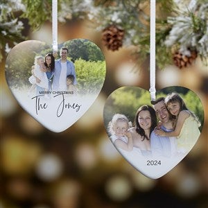 Script Family Photo Personalized Heart Ornament - Glossy 2-Sided