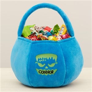 Pumpkin Faces Embroidered Plush Halloween Treat Bag - Blue