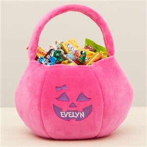 Pumpkin Faces Embroidered Plush Halloween Treat Bag - Pink