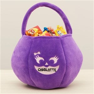 Pumpkin Faces Embroidered Plush Halloween Treat Bag - Purple