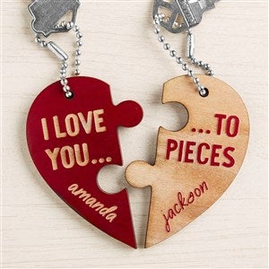 Love You to Pieces Personalized Wood Heart Keychain Set - Red