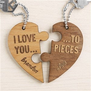 Love You to Pieces Personalized Wood Heart Keychain Set - Natural