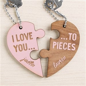 Love You to Pieces Personalized Wood Heart Keychain Set - Pink