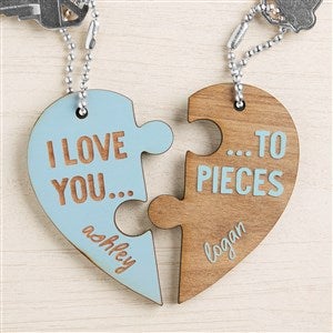 Love You to Pieces Personalized Wood Heart Keychain Set - Blue