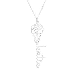 January Birth Flower Carnation Name Necklace - Silver