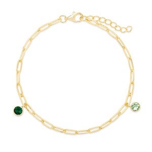 Gold Paperclip Chain Birthstone Charm Bracelet - Two Stone
