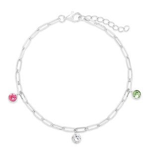 Silver Paperclip Chain Birthstone Charm Bracelet - Three Stone
