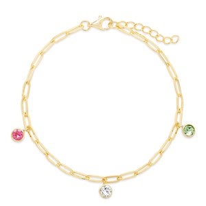 Gold Paperclip Chain Birthstone Charm Bracelet - Three Stone