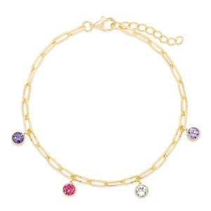 Gold Paperclip Chain Birthstone Charm Bracelet - Four Stone