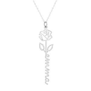 June Rose Birth Flower Name Necklace - Silver