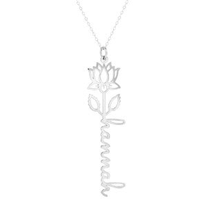July Lotus Birth Flower Name Necklace - Silver