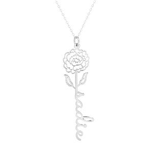 September Peony Birth Flower Name Necklace - Silver
