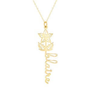December Holly Birth Flower Name Necklace - Gold
