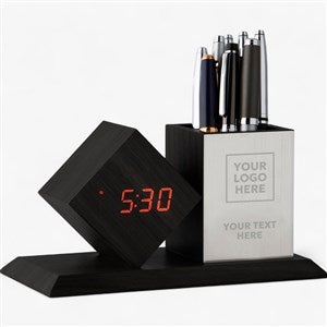 Personalized Logo Grey Digital Desk Clock and Organizer  - 46692