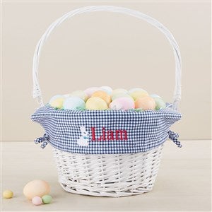 Bunny Name Embroidered White Easter Basket - Navy Check