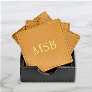 Personalized Leather Square Coaster Set-Tan