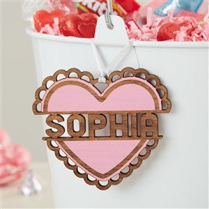 Heart Name Personalized Wood Valentine's Day Basket Tag - Pink