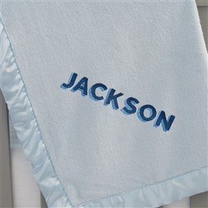 Shadow Name Embroidered Blue Satin Trim Baby Blanket