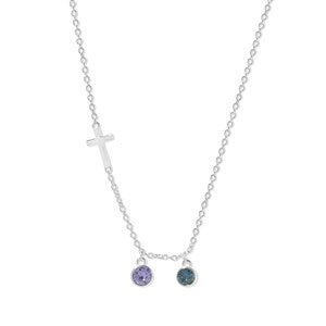 Custom Bezel Set Birthstone Cross Necklace- 2 Stones