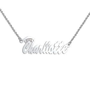 Personalized Graduation Cap Script Name Necklace - Silver