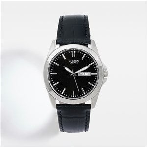 Engraved Logo Citizen Milestone Quartz Black Leather & Silver Watch - 48254