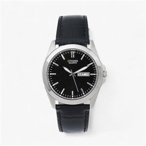 Engraved Logo Citizen Milestone Quartz Black Leather & Silver Watch - 48254
