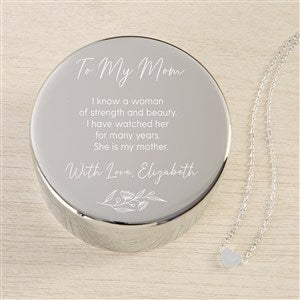 Floral Message To Mom Personalized Round Jewelry Box with Silver Heart Necklace