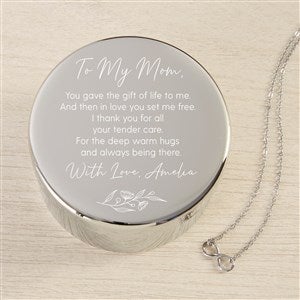 Floral Message To Mom Personalized Round Jewelry Box & Silver Infinity Necklace
