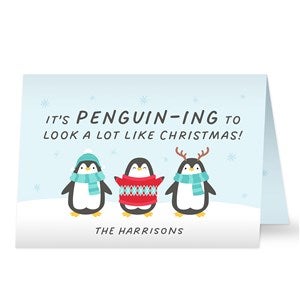 Cheery Penguins Personalized Christmas Card- Premium - Set of 15