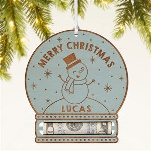 Snowman Personalized Money Holder Wood Ornament- Blue Stain