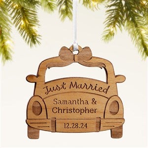Just Married Personalized Wood Ornament- Natural