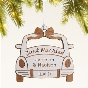 Just Married Personalized Wood Ornament- Whitewash