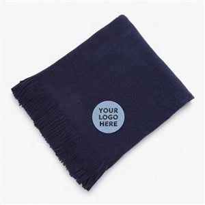 Embroidered Logo Navy Knit Fringed Throw Blanket - 49811