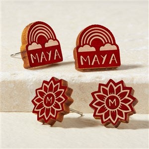 Flower & Rainbow Personalized Red Stained Wood Stud Earrings