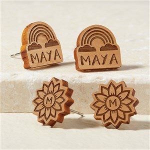 Flower & Rainbow Personalized Natural Stained Wood Stud Earring