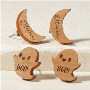 Ghost & Moon Personalized Natural Stained Wood Stud Earring