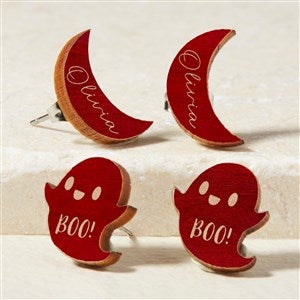 Ghost & Moon Personalized Red Stained Wood Stud Earrings