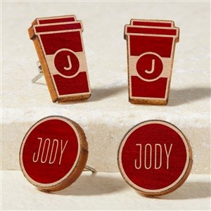 Coffee Cup Personalized Red Stained Wood Stud Earrings