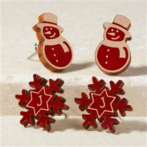 Snowman & Snowflake Personalized Wood Stud Earrings - Red