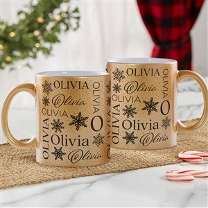 Christmas Snowflake Repeating Name  Personalized 11 oz. Gold Glitter Coffee Mug