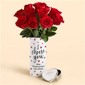 I Choose You Personalized Flower Vase with Roses & Heart Jewelry Box - 53166