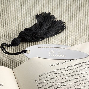 Engraved Silver Oval Bookmark with Black Tassels